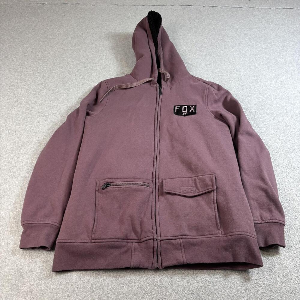 Fox Racing Hoodie Women Medium Purple Sherpa Full Zip FOX Patch Moto Jacket Y2K
